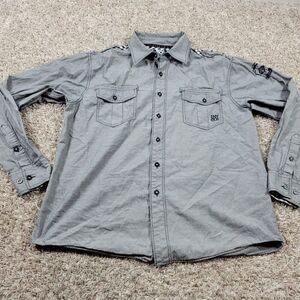 ENYCE Shirt Mens Large Gray Plaid Long Sleeve Button Up Embroidered Read*